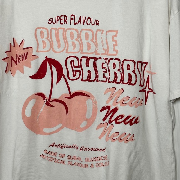 Bubble Cherry Oversized Graphic Tee White Distressed Size Small Pink Red - Picture 2 of 9